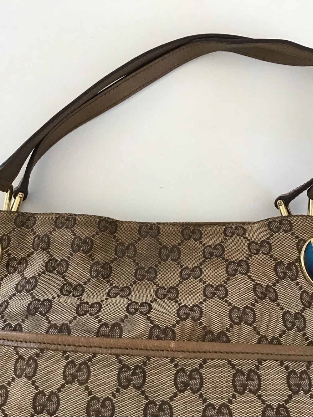 Gucci GG Canvas Eclipse Shoulder Bag Beige Brown Monogram Leather Trim Italy - Picture 14 of 15